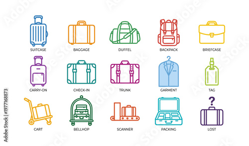 Colorful icon set of various travel luggage and accessories