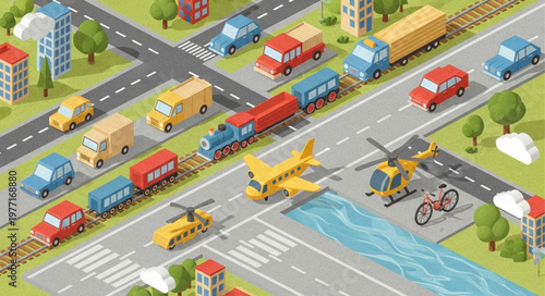 Isometric city transportation scene with vehicles and trains.