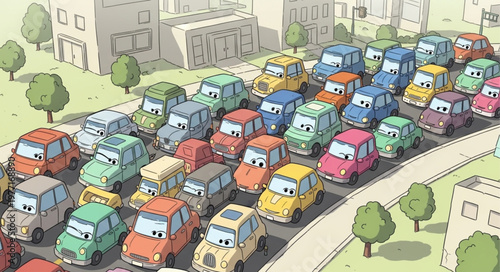 Many colorful cartoon cars stuck in traffic jam illustration.