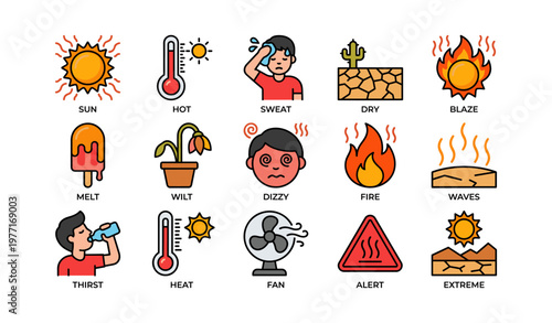 Heatwave icons: sun, temperature, sweat, fire, thirst, fan, alert symbols