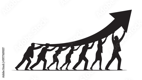 Black silhouette team pushing upward growth arrow
