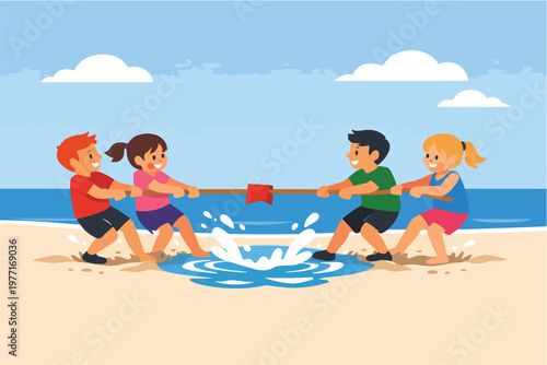 Flat kids tug-of-war on sand, rope taut between teams