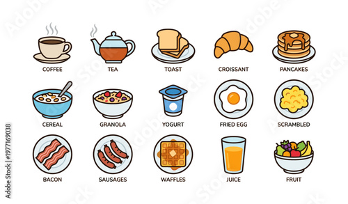 Breakfast icons: coffee, tea, toast, pancakes, eggs, and more