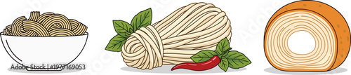 High quality flat vector illustration of various carbohydrate food products featuring a bowl of pasta, dry noodle nest with chili and basil, and a sliced bread loaf.