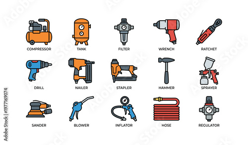Vector set of construction tools with compressor, drill, hammer, wrench, and blower