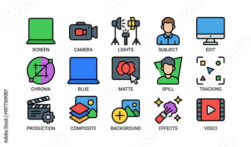 Icon set depicting video production tools and techniques