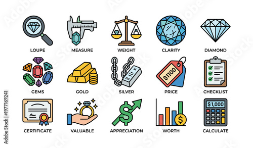 Diamond valuation icons: tools, weights, gems, metals, and pricing