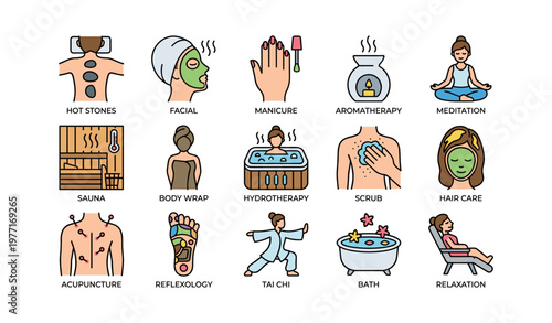 Spa and wellness treatments icons including massage, facial, meditation, sauna, hydrotherapy