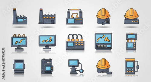 Industrial Icons Set Factory Equipment Technology And Safety Gear.