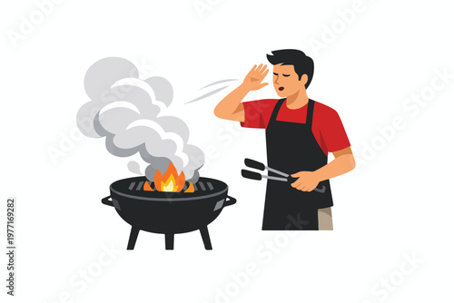 Flat man fanning smoke away from BBQ tongs in hand