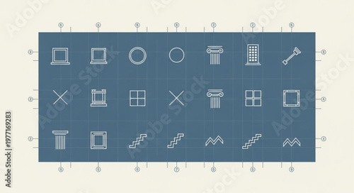 Collection of Geometric Shapes and Symbols on Blue Background.