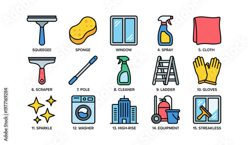 Essential cleaning tools and equipment illustrated with iconic imagery