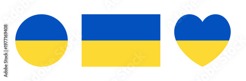 Ukrainian flag round, rectangular, heart icon, sticker. Flag of Ukraine heart, circle, rectangle badge, button, banner, background. National symbol of Ukraine.