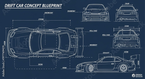 Drift Car Concept Blueprint Technical Drawing.