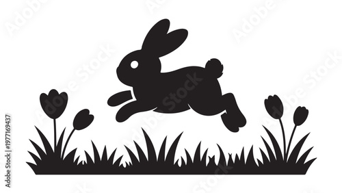 Cute black silhouette of bunny jumping over grass rabbit