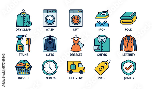 Laundry and garment care icons set for cleaning and delivery services