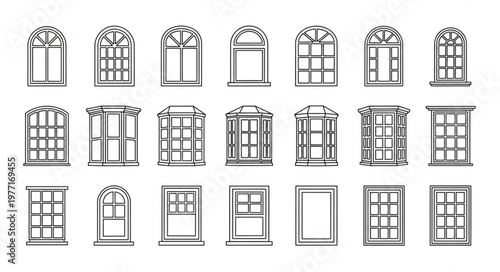 Collection of architectural window designs in black and white illustration.