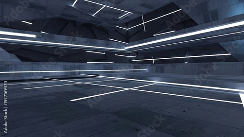 A futuristic dark room with neon lights and a modern design