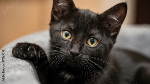 A black cat with yellow eyes is lying on a gray surface