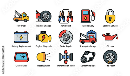 Car repair and maintenance services icons: tow truck, battery, engine, fuel, lock, garage