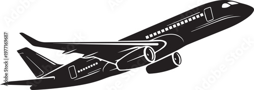Commercial Airplane Icon, Black Jet Airliner Takeoff Silhouette