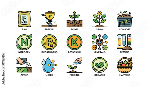 Gardening icons: fertilizer, plant growth, compost, and harvesting guide