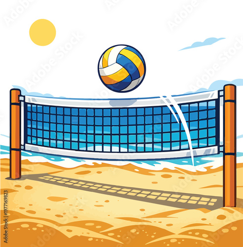 Flat volleyball net with ball mid-air bounce, beach game vector.