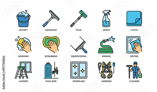 Window cleaning equipment and techniques icons set