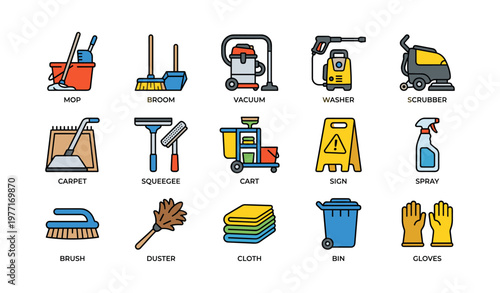 Cleaning equipment icons set featuring mop broom vacuum and more
