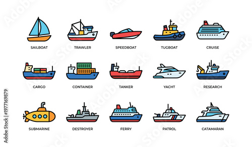 Colorful collection of various boats and ships with labels including sailboat and submarine