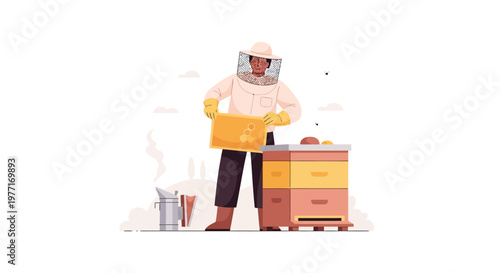 Professional Beekeeper Working with Beehive and Honey Frames. EPS Editable. Vector Illustrations.