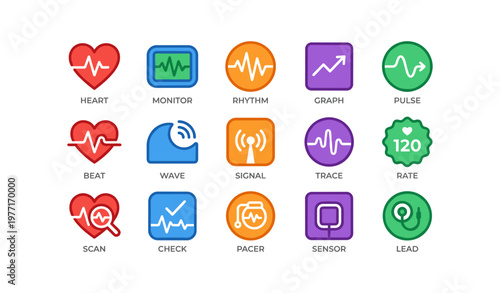 Colorful health icons: heart, monitor, rhythm, graph, pulse, beat, wave, signal