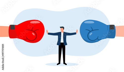 Businessman standing between red and blue boxing gloves challenging opponent competition concept. Conflict management.