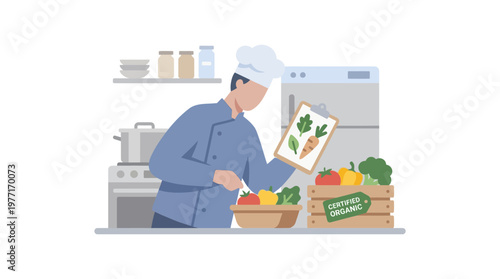 Professional Chef Cooking with Fresh Organic Vegetables in Kitchen. EPS Editable. Vector Illustrations.