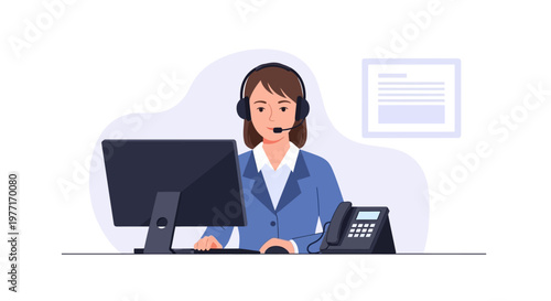 Professional customer support representative working at a desk with headset and computer. EPS Editable. Vector Illustrations.