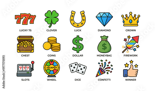 Colorful casino symbols including lucky 7s, clover, coins, and diamond icons