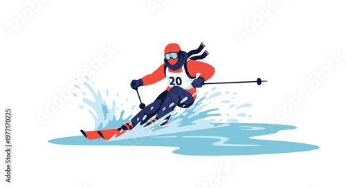 Professional skier racing down a slope in competitive winter sports. EPS Editable. Vector Illustrations.
