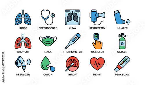 Colorful medical icons: lung health and respiratory equipment symbols