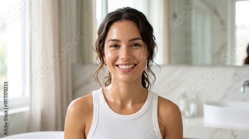 Woman sits in a bright and spacious bathroom with marble walls and a sleek vanity while looking directly at the camera with a friendly smile. Free Download Woman sits in a bright and spacious bathroom with marble walls and a sleek vanity while looking directly at the camera with a friendly smile. - GFXLoad
