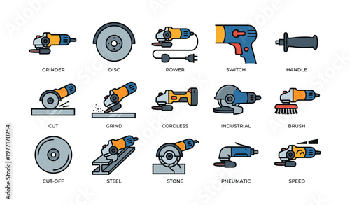 Various power tools and accessories icons in flat design