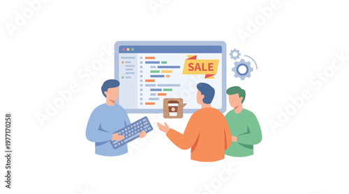 Professional Web Development Team Working on Ecommerce Website Sale Feature. EPS Editable. Vector Illustrations.