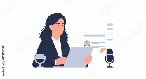Professional woman podcast host working on tablet with microphone. EPS Editable. Vector Illustrations.