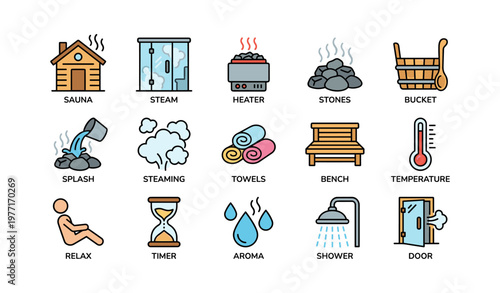 Spa elements: sauna, steam, heater, stones, bucket, splash, towels, bench, temperature, relax