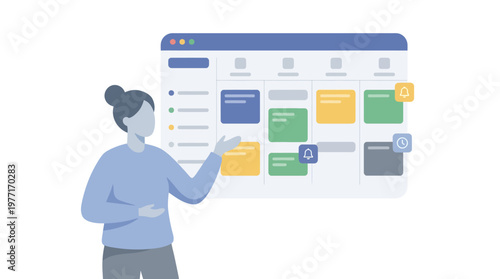 Professional woman presenting project management software board illustration. EPS Editable. Vector Illustrations.