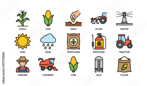 Agricultural icons: corn, farming equipment, and crop management symbols