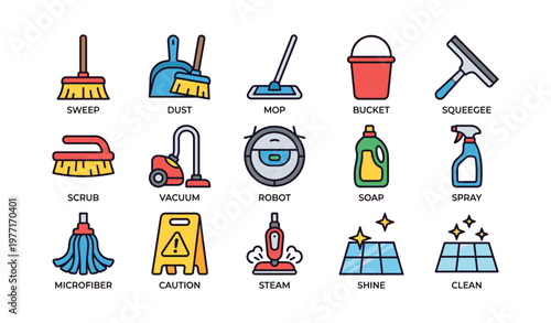 Colorful cleaning tools icons set with broom mop and vacuum