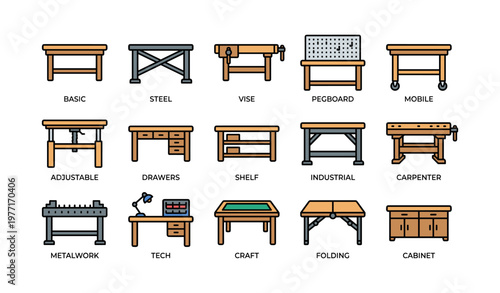 Set of 16 diverse workbench icons with tools for various crafts and trades