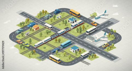 Isometric city transportation network with roads and trains.