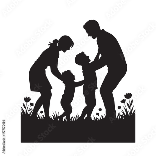 Silhouette of parents playing with child in garden