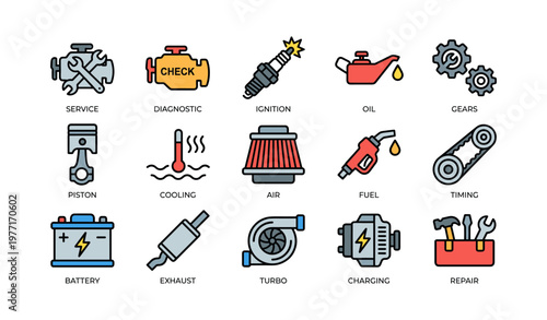 Automotive maintenance icons: engine, diagnostic, ignition, oil, gears, cooling, air, fuel, battery, repair